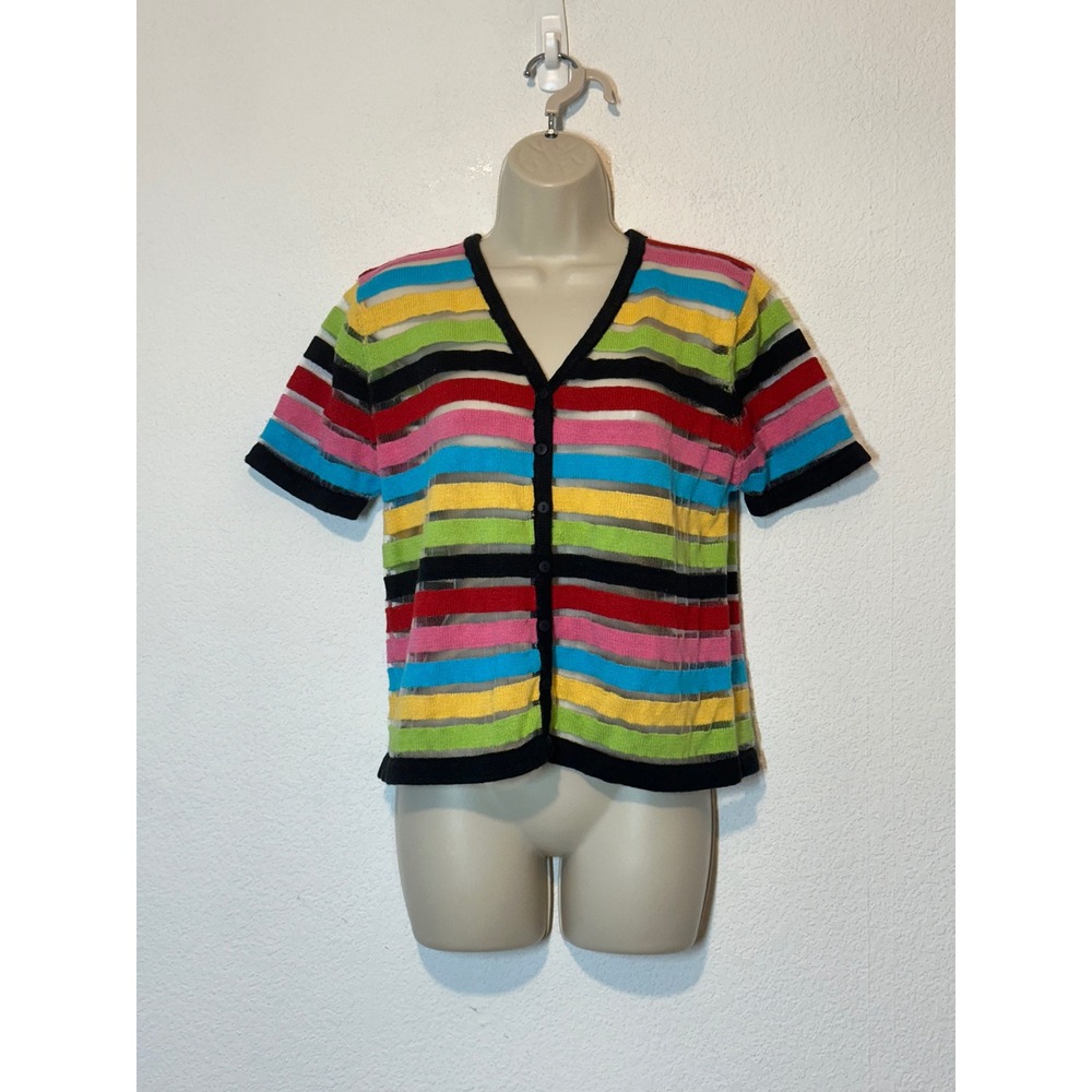 Vtg 90 Y2K Spice‎ It Up Vintage Rainbow Stripe Sheer Mesh SS Top L Retro Quirky